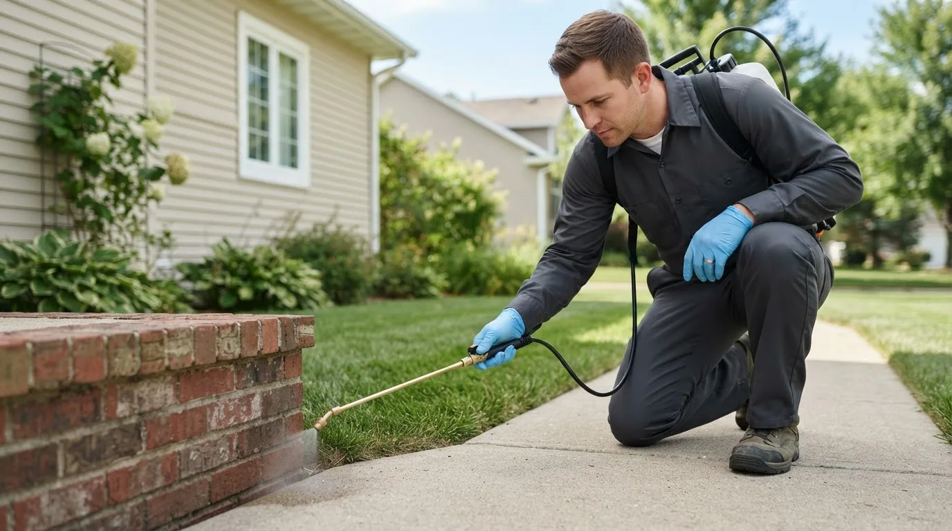 Pest control technician treating a home near Yoder, CO