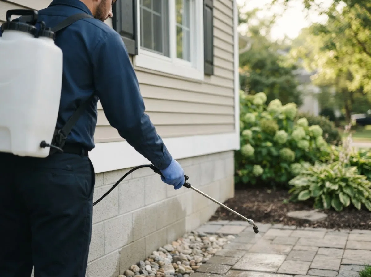 Pest control technician inspecting a home in Yoder, CO